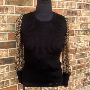 NWT Elegant Black and Leopard Print Sleeve Sweater